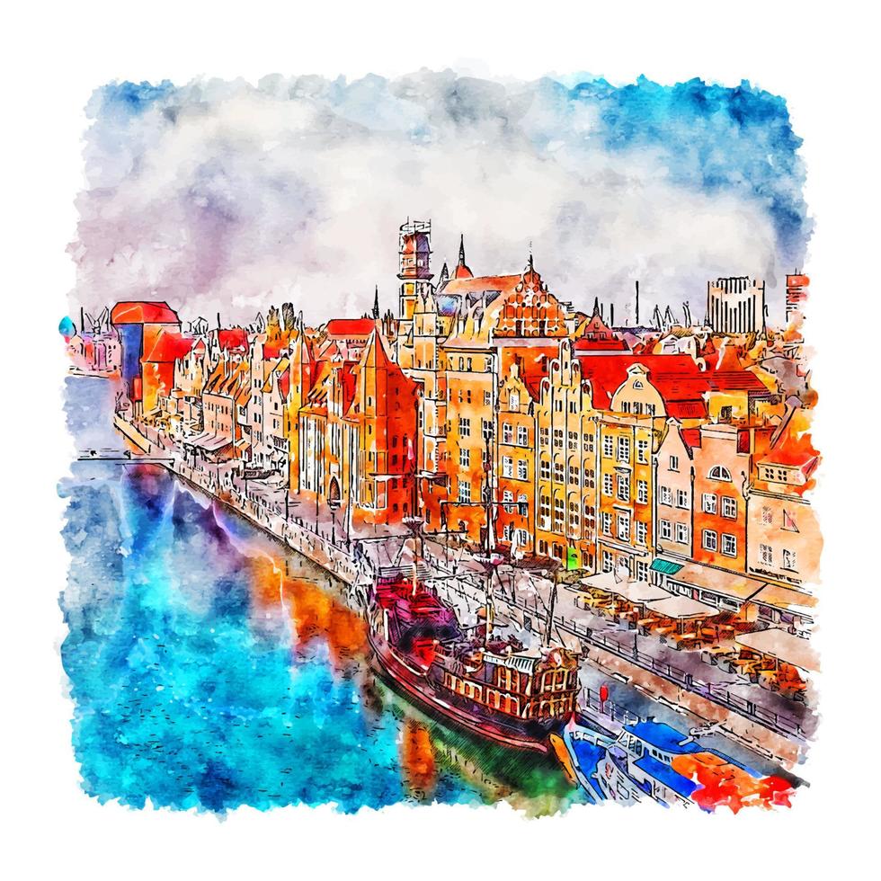 gdansk polonia acuarela boceto dibujado a mano ilustración vector