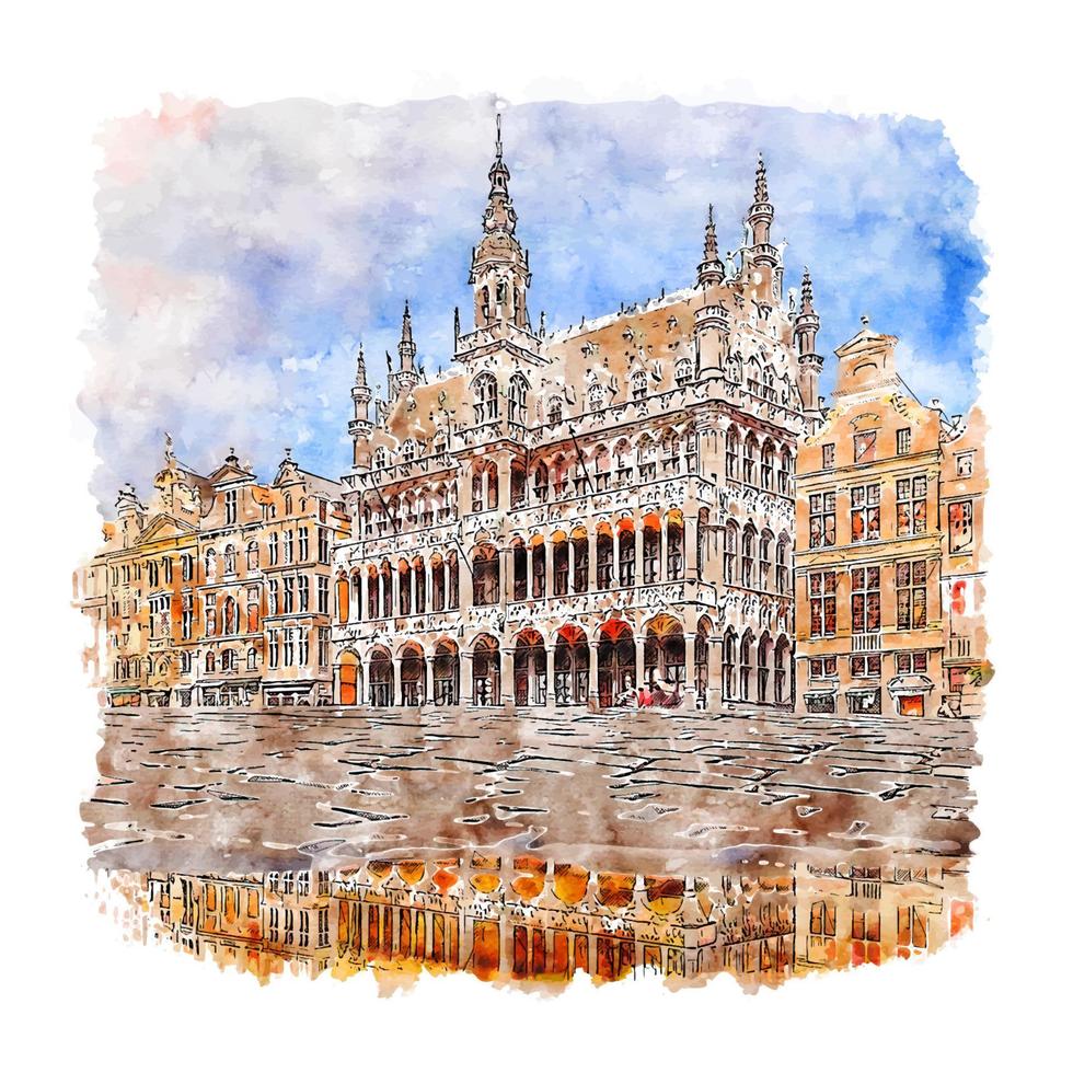 Grote Markt Brussel Belgium Watercolor sketch hand drawn illustration vector