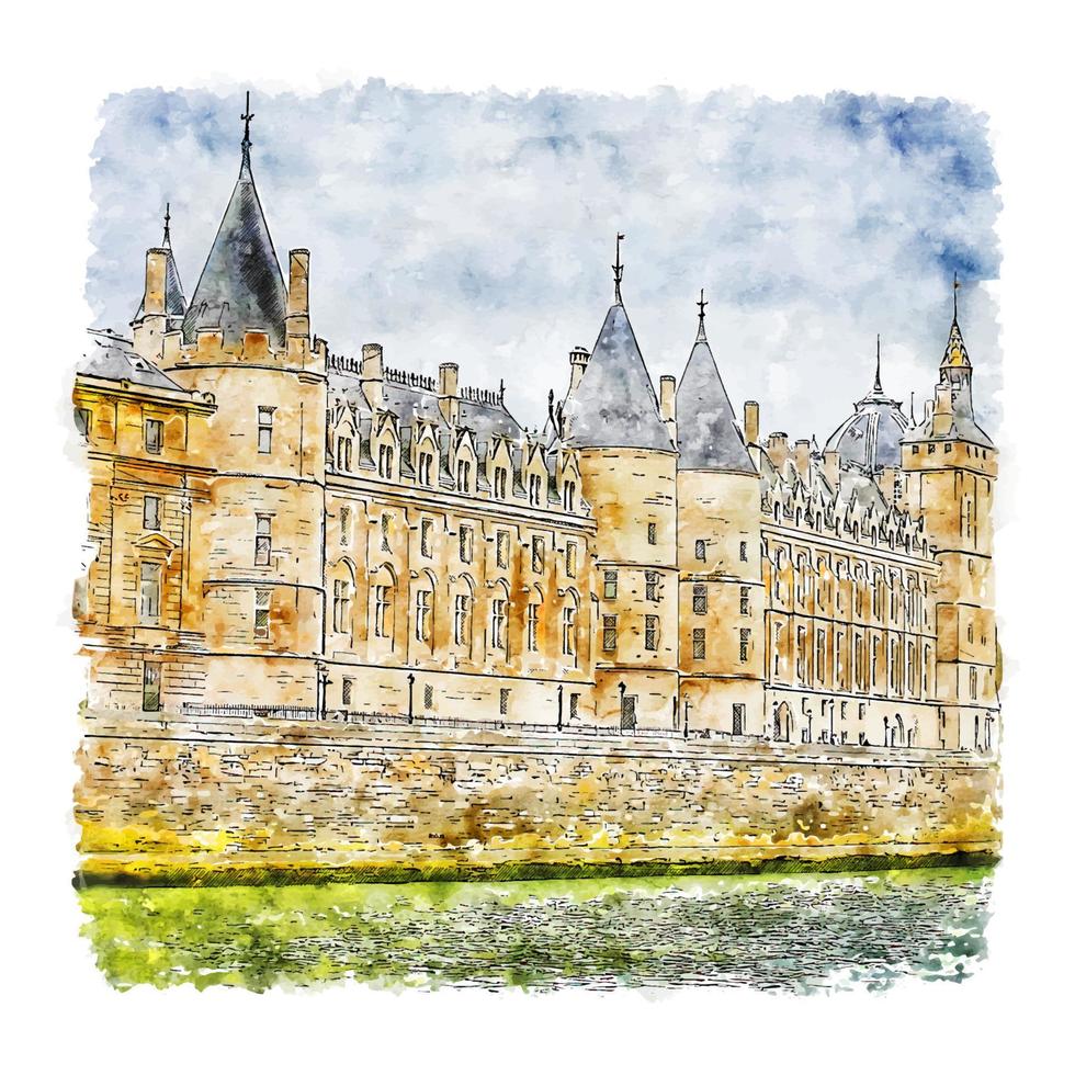 conciergerie paris francia acuarela boceto dibujado a mano ilustración vector