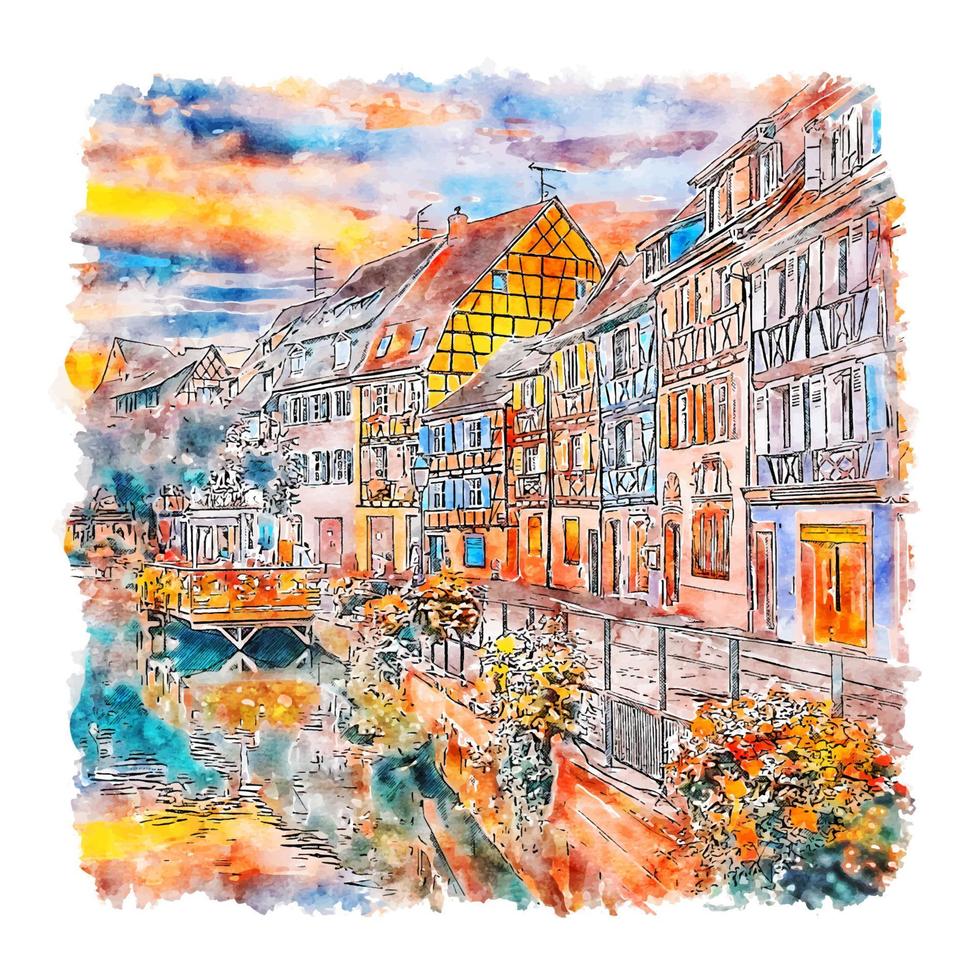 Colmar Alsace France Watercolor sketch hand drawn illustration vector