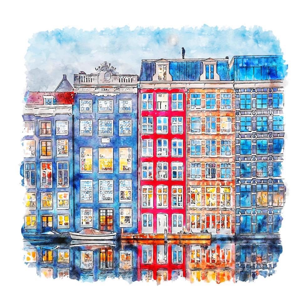 Amsterdam Netherlands Watercolor sketch hand drawn illustration vector