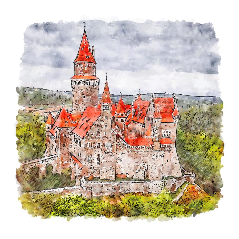 castillo de bouzov república checa boceto de acuarela dibujado a mano ilustración vector
