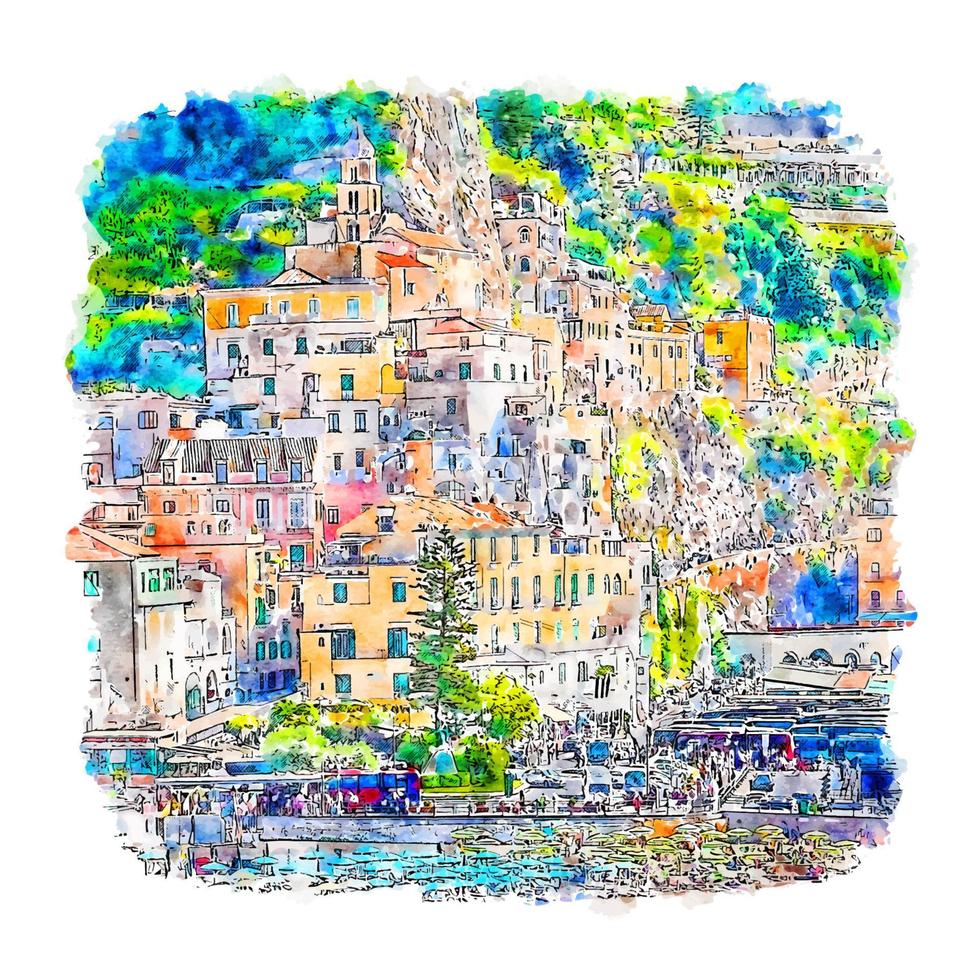 amalfi italia acuarela boceto dibujado a mano ilustración vector