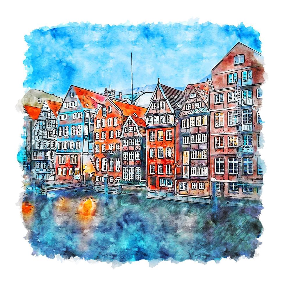 Nikolaifleet Hamburg Germany Watercolor sketch hand drawn illustration vector