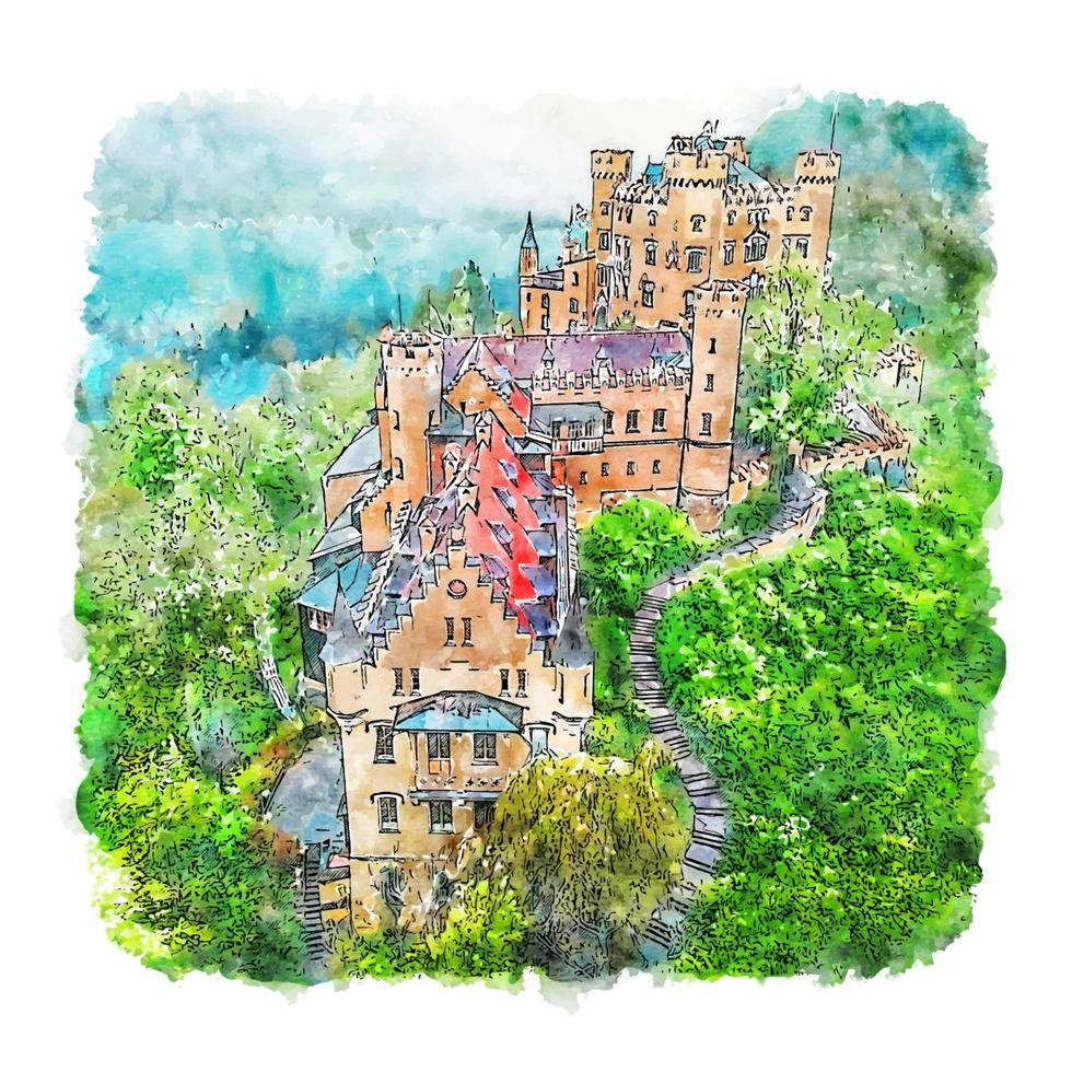 castillo de hohenschwangau alemania acuarela boceto dibujado a mano ilustración vector