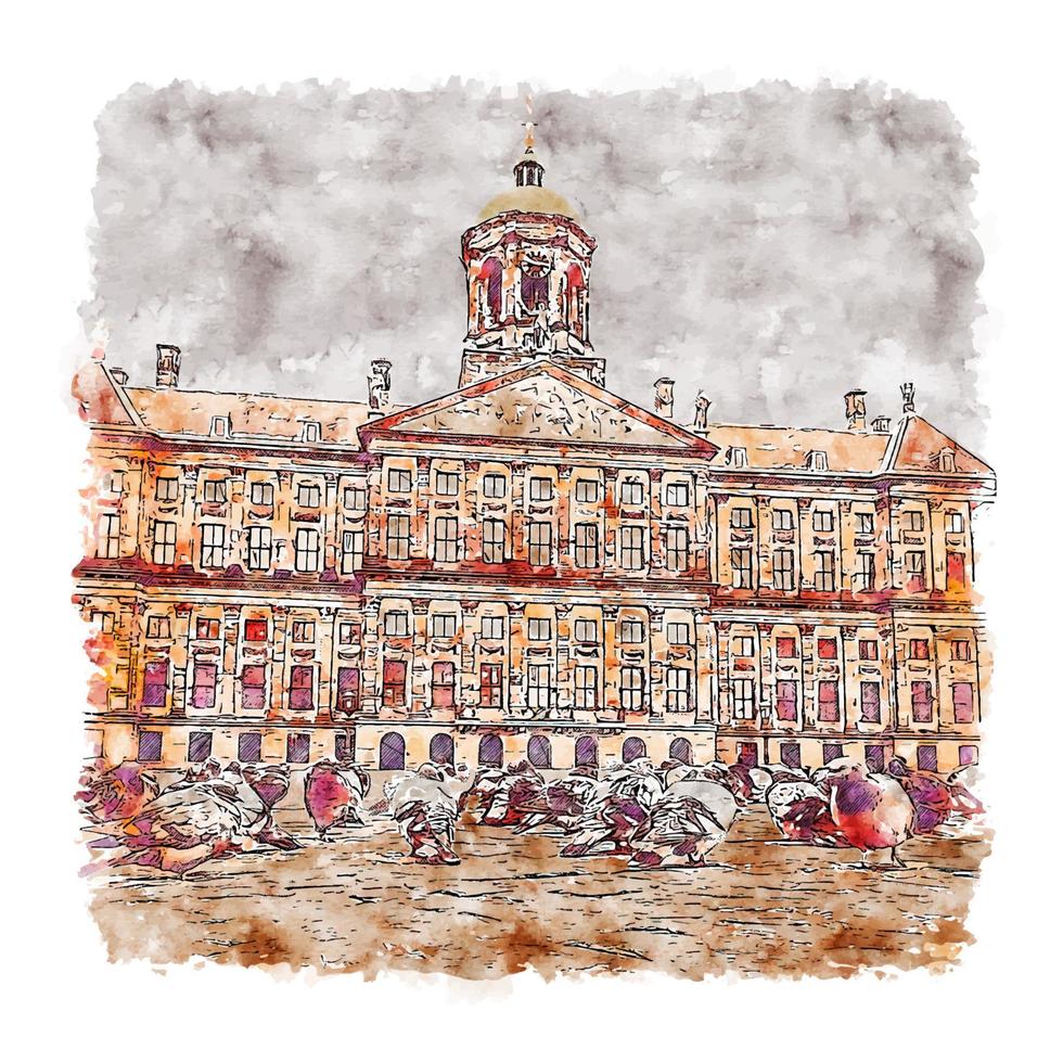 Architecture Amsterdam Netherlands Watercolor sketch hand drawn illustration vector