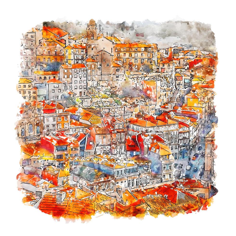 Porto Portugal Watercolor sketch hand drawn illustration vector