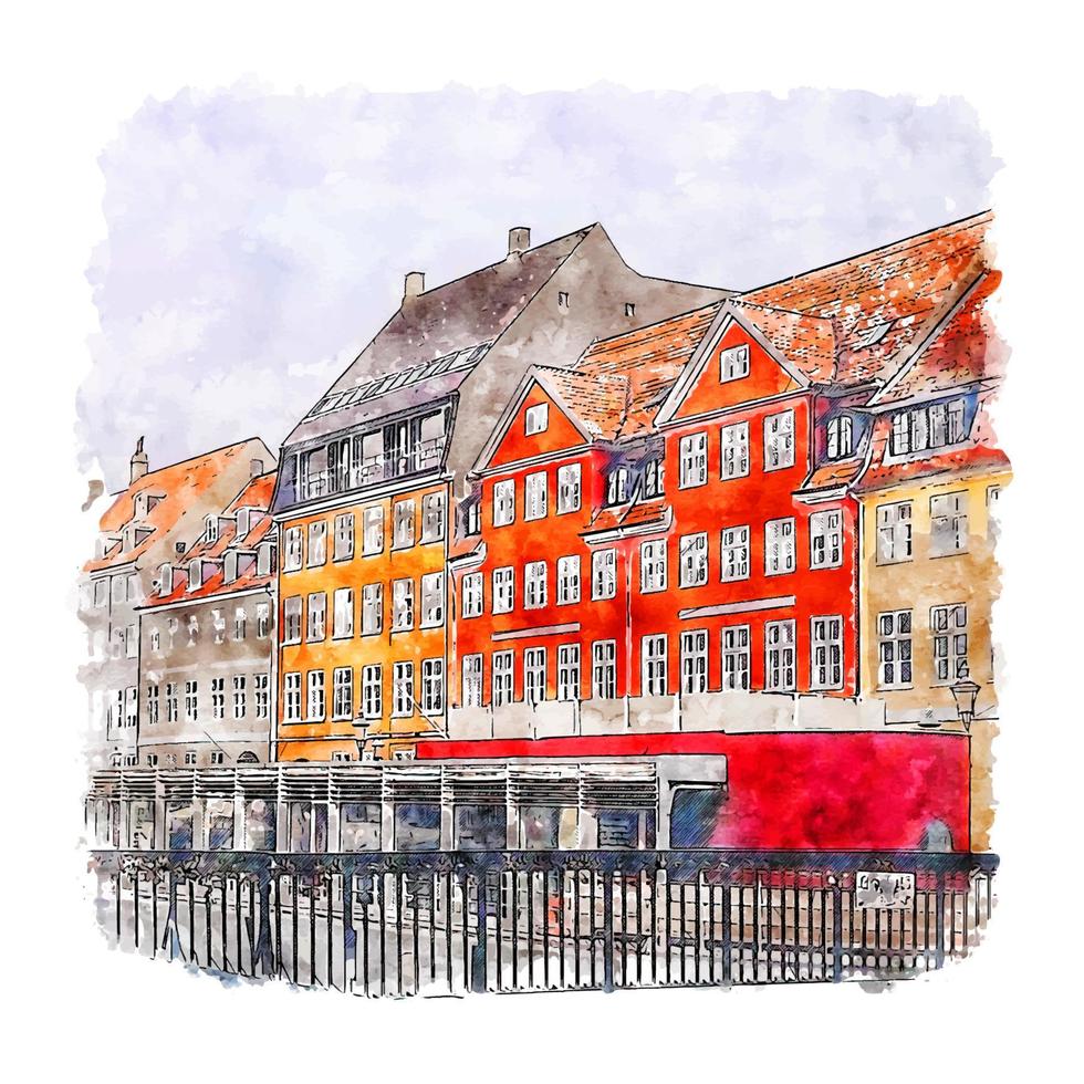 ilustración de dibujado a mano de bosquejo de acuarela de copenhague dinamarca vector