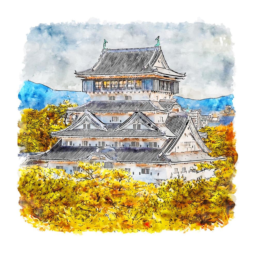 Fukuoka Japan Watercolor sketch hand drawn illustration vector