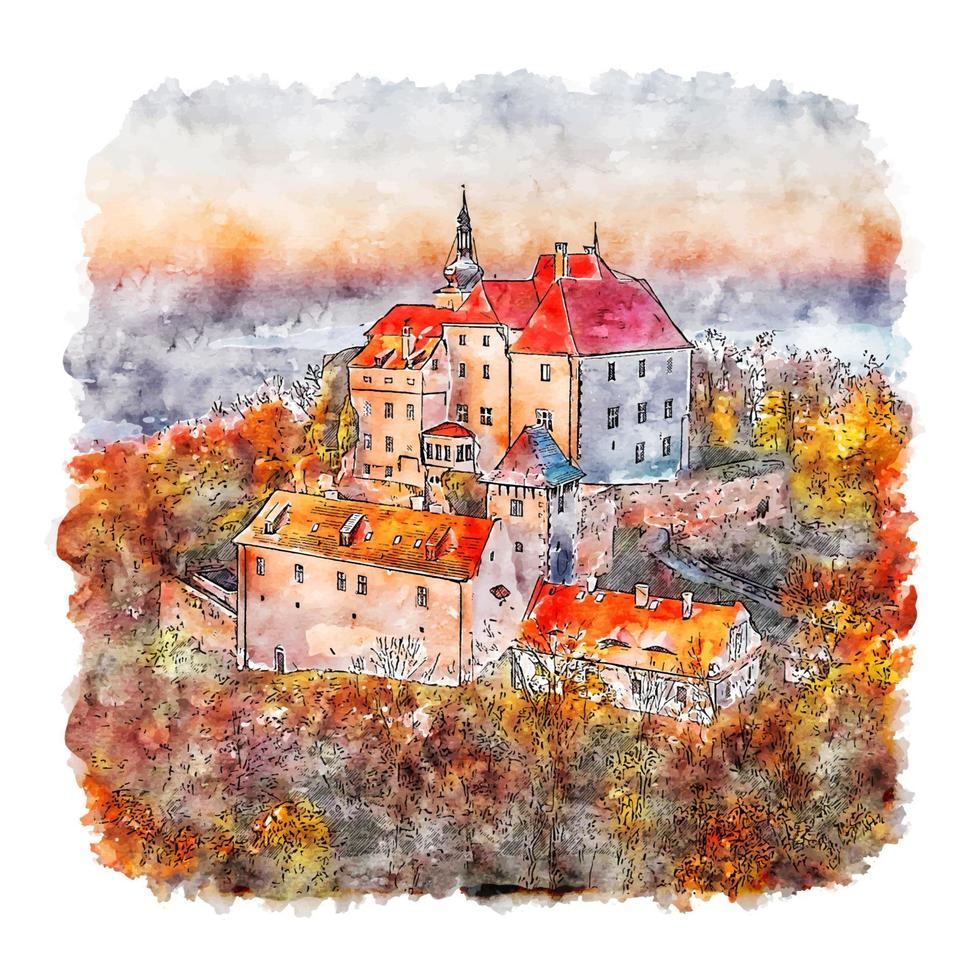 vysoky chlumec castillo república checa acuarela boceto dibujado a mano ilustración vector