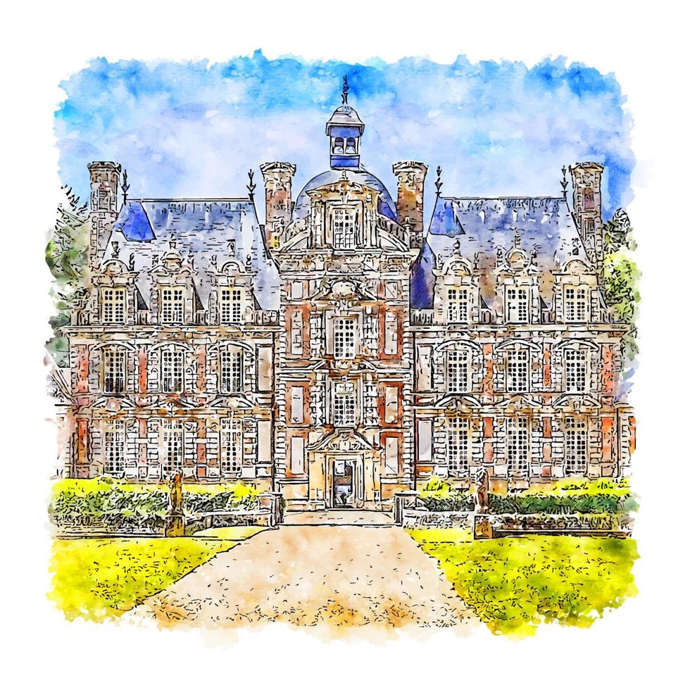 Castle Normandie France Watercolor sketch hand drawn illustration vector