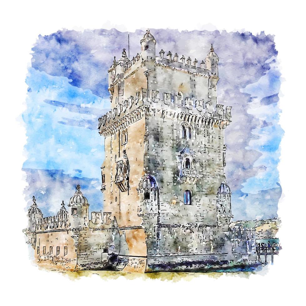 Belem Lisboa Portugal Watercolor sketch hand drawn illustration vector