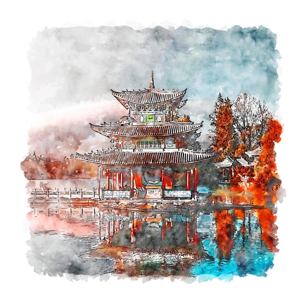 Old Town of Lijiang China Watercolor sketch hand drawn illustration vector