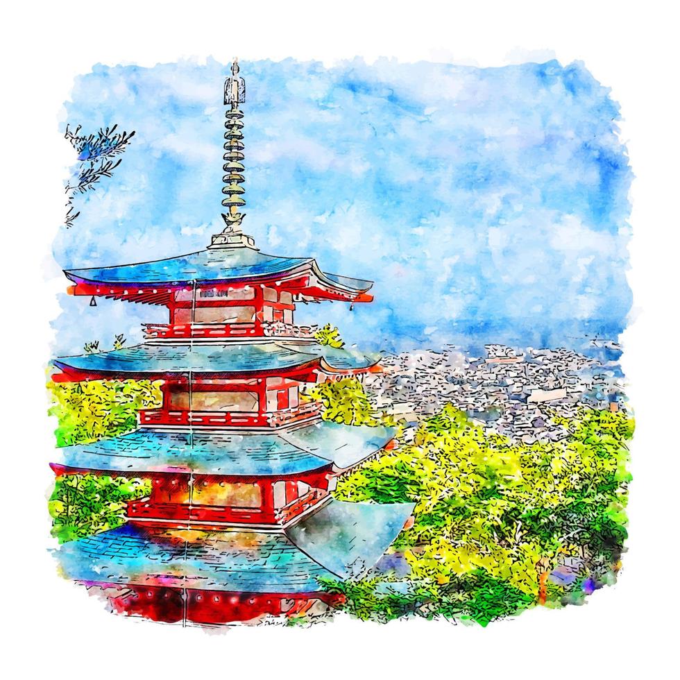 chureito pagoda japón acuarela boceto dibujado a mano ilustración vector