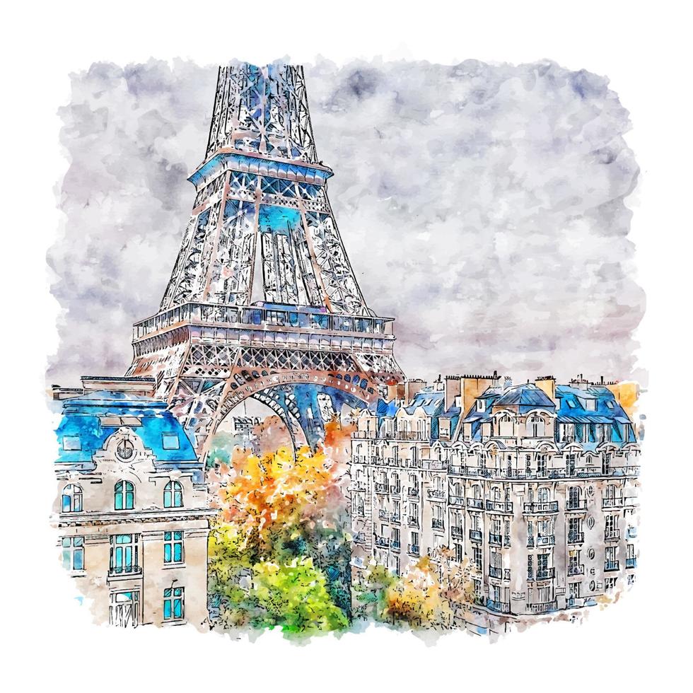 Eiffel Tower Paris France Watercolor sketch hand drawn illustration vector