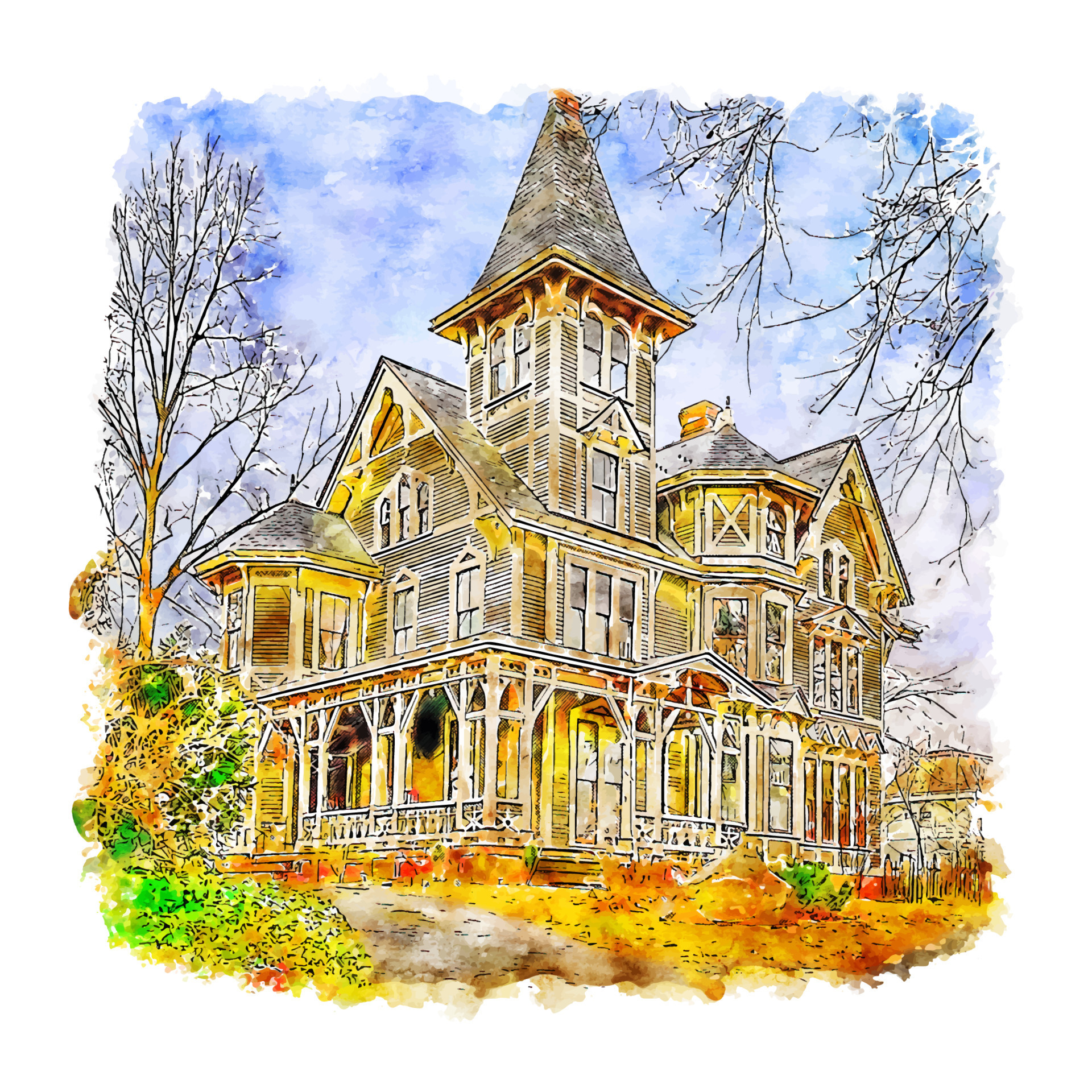 Architecture Old House Watercolor sketch hand drawn illustration