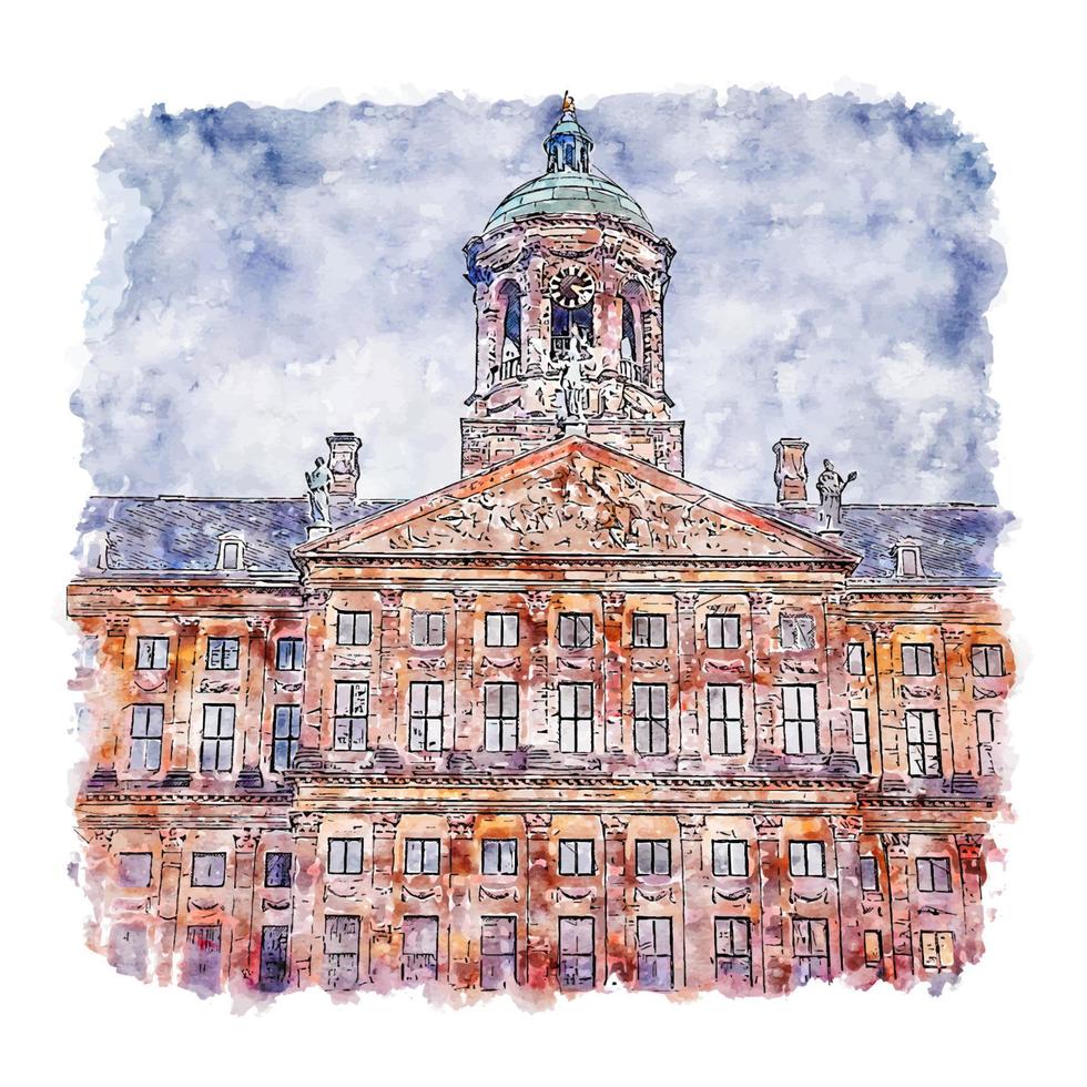 Architecture Amsterdam Netherlands Watercolor sketch hand drawn illustration vector