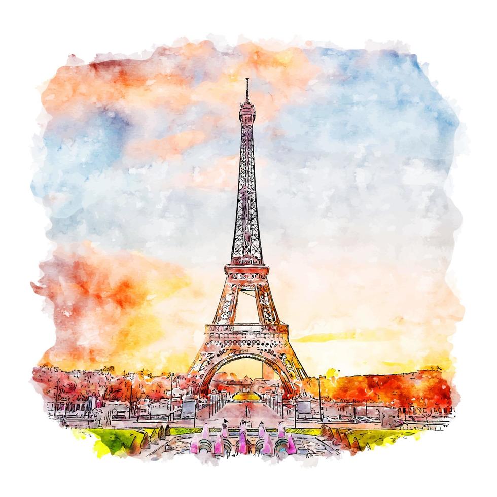 Eiffel Tower Paris France Watercolor sketch hand drawn illustration vector