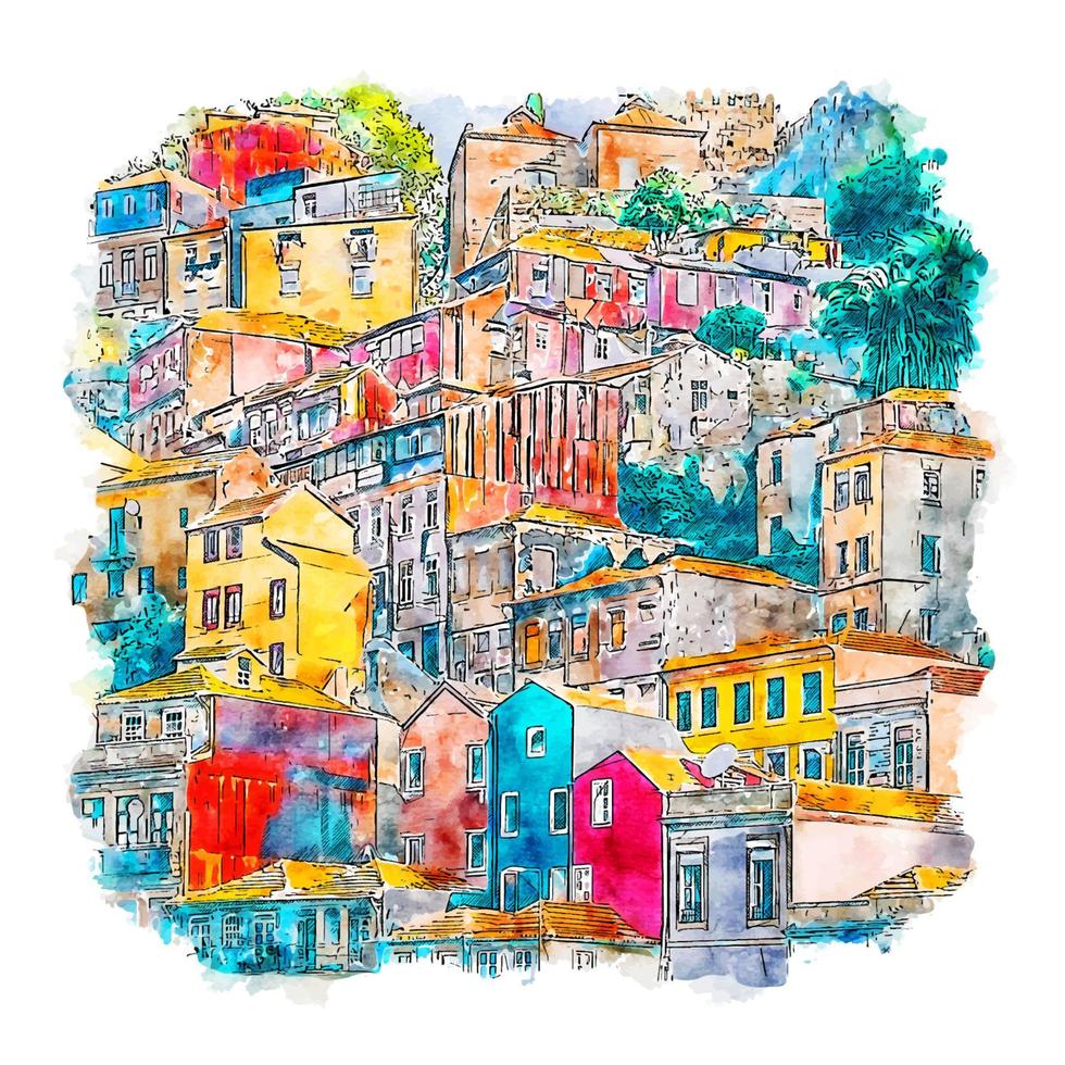 porto portugal acuarela boceto dibujado a mano ilustración vector