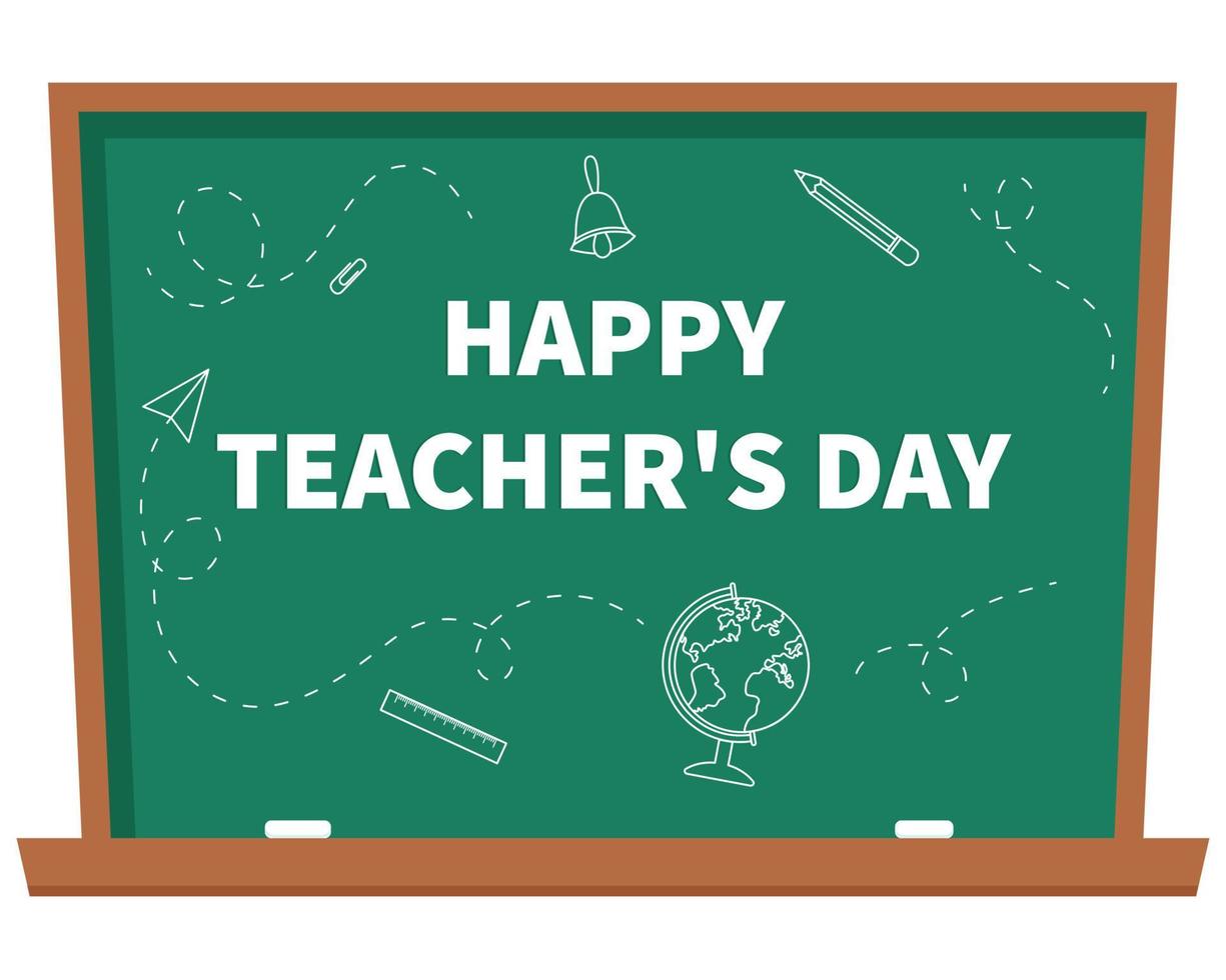 Happy teacher's day greeting card with school supplies. Design for greeting card, poster or website. School and learning concept. Cute vector illustration in flat cartoon style.