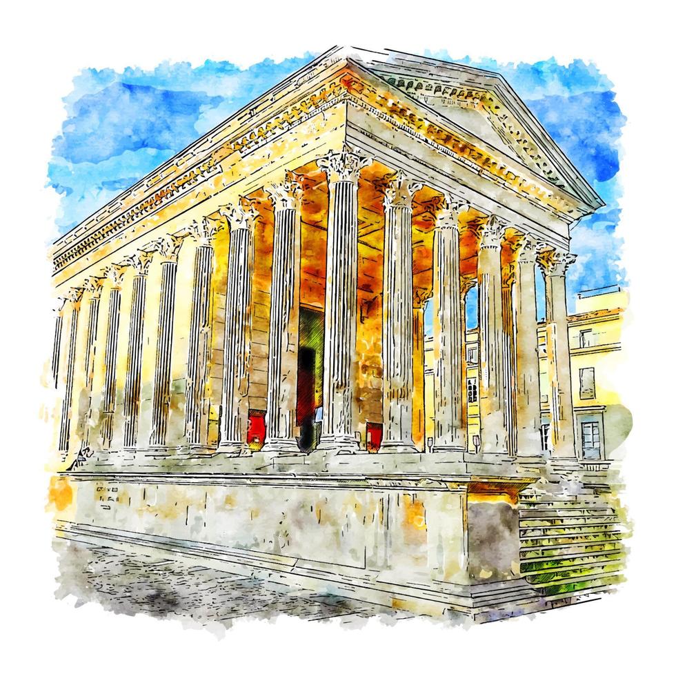 maison carree nimes francia acuarela boceto dibujado a mano ilustración vector