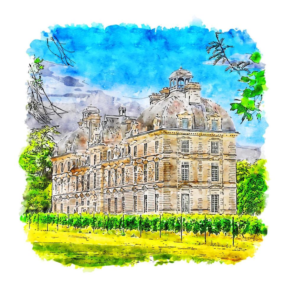 Architecture Castle France Watercolor sketch hand drawn illustration vector