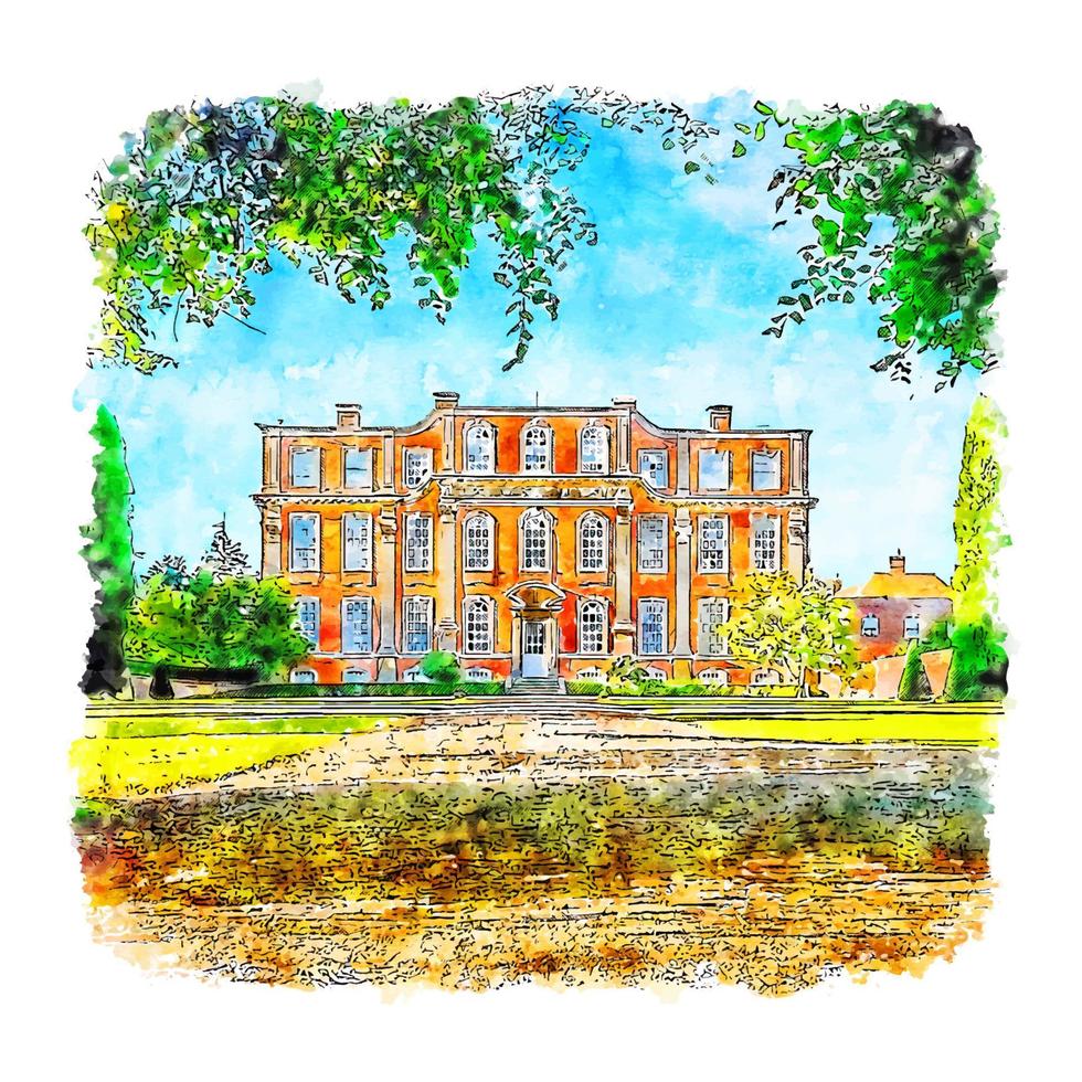 arquitectura casa chicheley hall acuarela boceto dibujado a mano ilustración vector