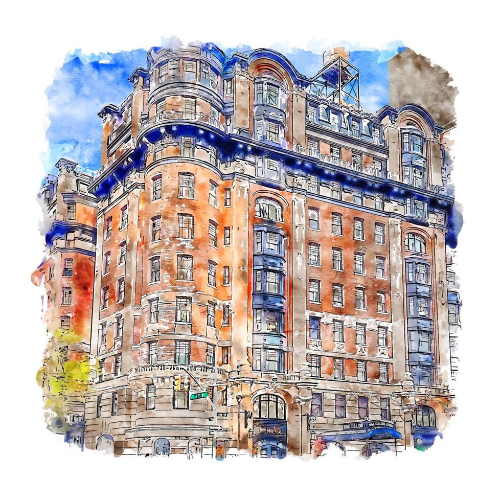 Belleclaire Hotel New York Watercolor sketch hand drawn illustration vector