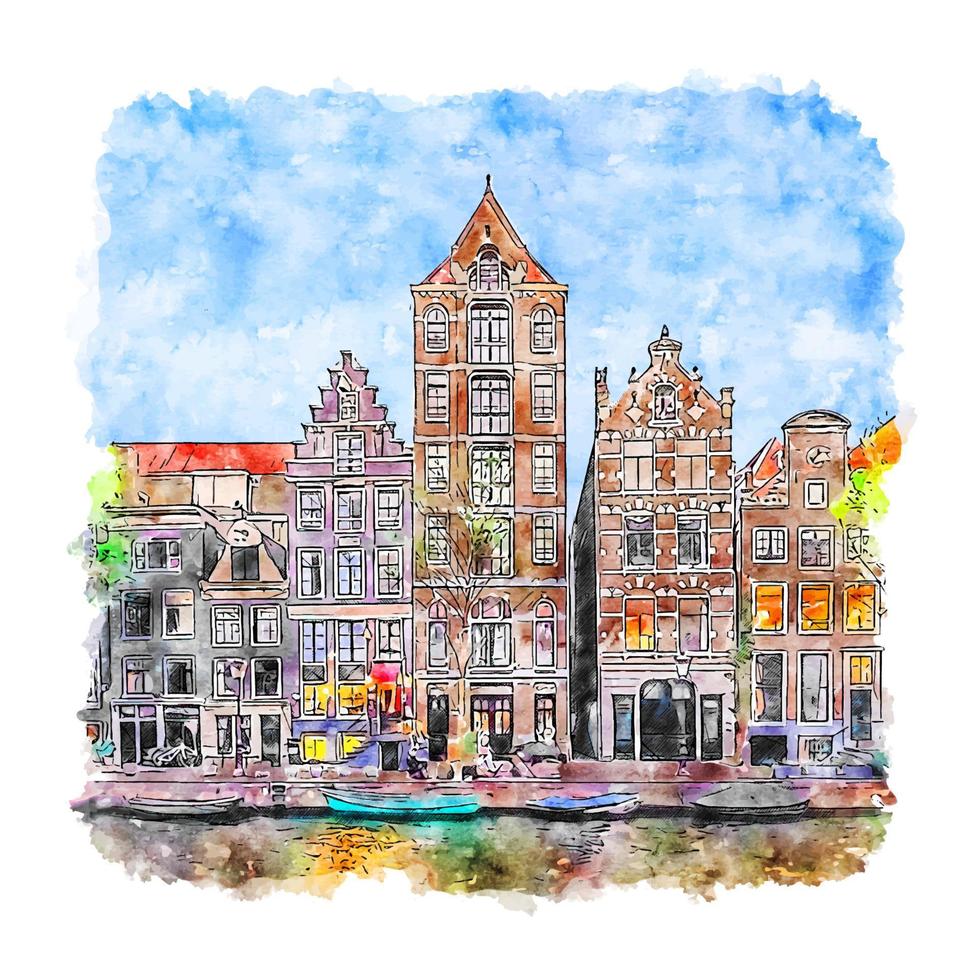 amsterdam países bajos acuarela boceto dibujado a mano ilustración vector