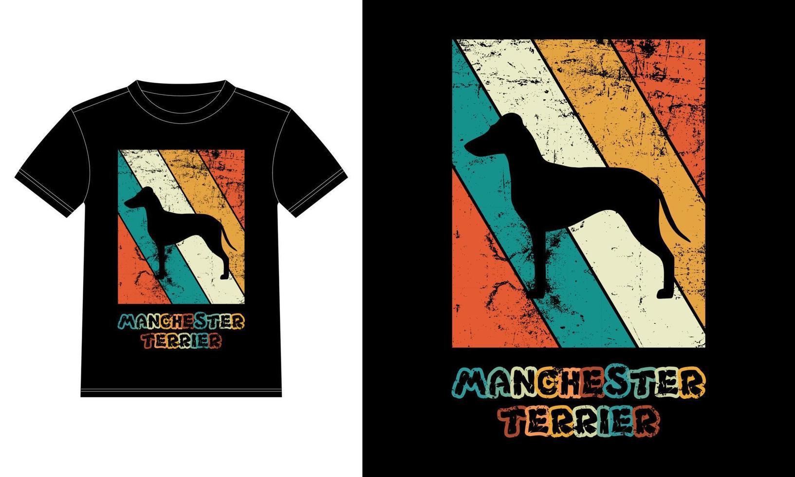 divertido manchester terrier retro vintage puesta de sol camiseta plantilla de diseño, tablero de manchester terrier, pegatina de ventana de coche, vaina, cubierta, fondo blanco aislado, regalo de silueta para amante de manchester terrier vector