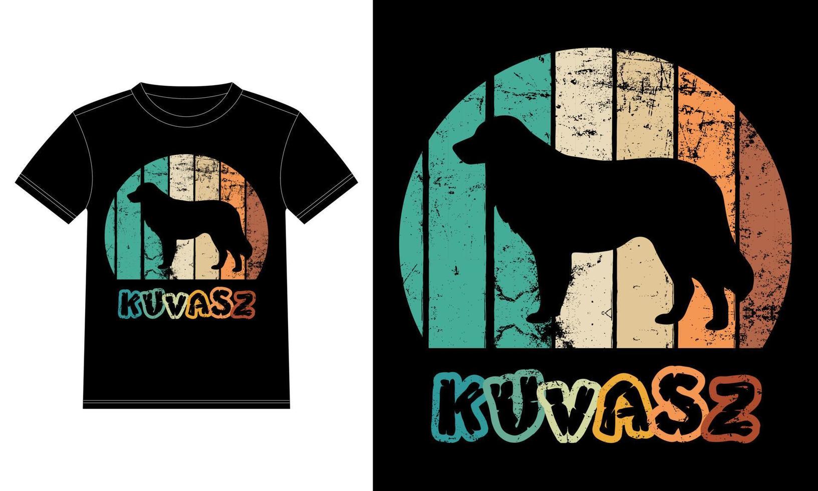 divertido kuvasz retro vintage puesta de sol camiseta plantilla de diseño, tablero de kuvasz, pegatina de ventana de camión, vaina, cubierta, fondo blanco aislado, regalo de silueta para el amante de kuvasz vector