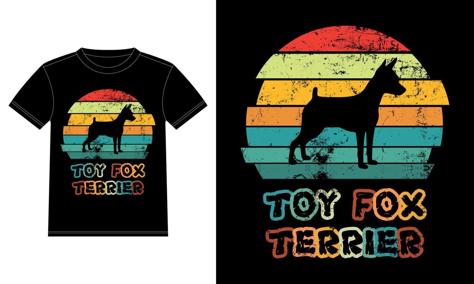 divertido juguete fox terrier retro vintage puesta de sol camiseta diseño plantilla, tablero de juguete fox terrier, pegatina de ventana de camión, vaina, cubierta, fondo blanco aislado, regalo de silueta para amante de juguete fox terrier vector