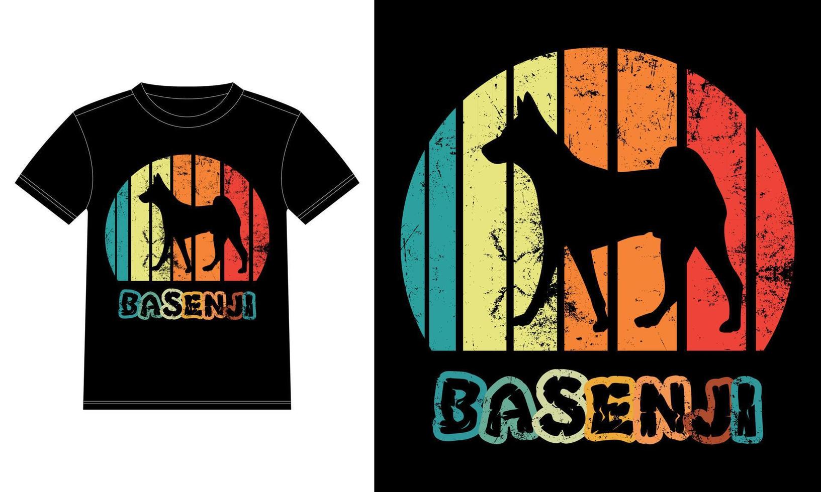 divertida basenji retro vintage puesta de sol camiseta plantilla de diseño, tablero basenji, pegatina de ventana de coche, vaina, cubierta, fondo blanco aislado, regalo de silueta para amante de basenji vector