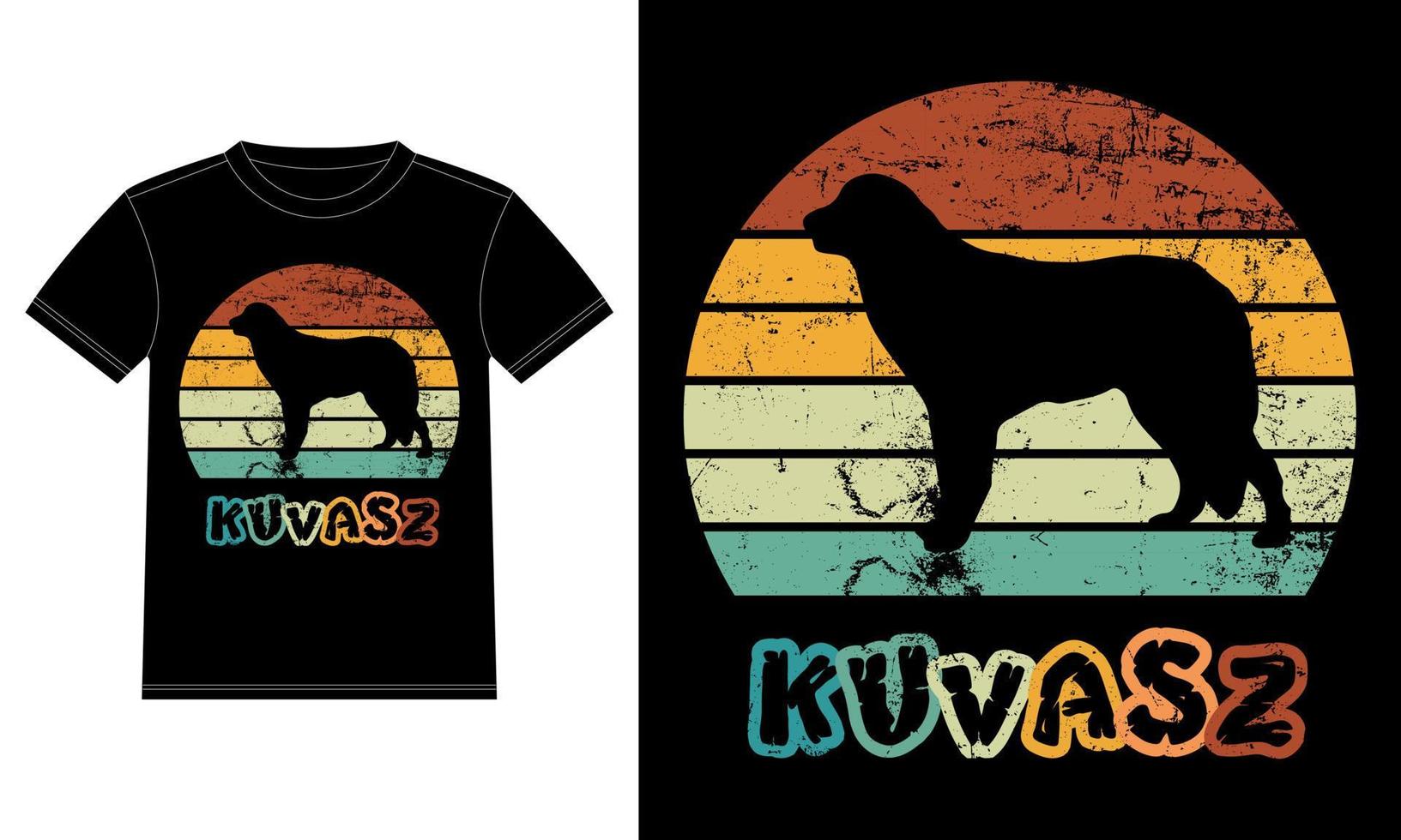 divertido kuvasz retro vintage puesta de sol camiseta plantilla de diseño, tablero de kuvasz, pegatina de ventana de camión, vaina, cubierta, fondo blanco aislado, regalo de silueta para el amante de kuvasz vector