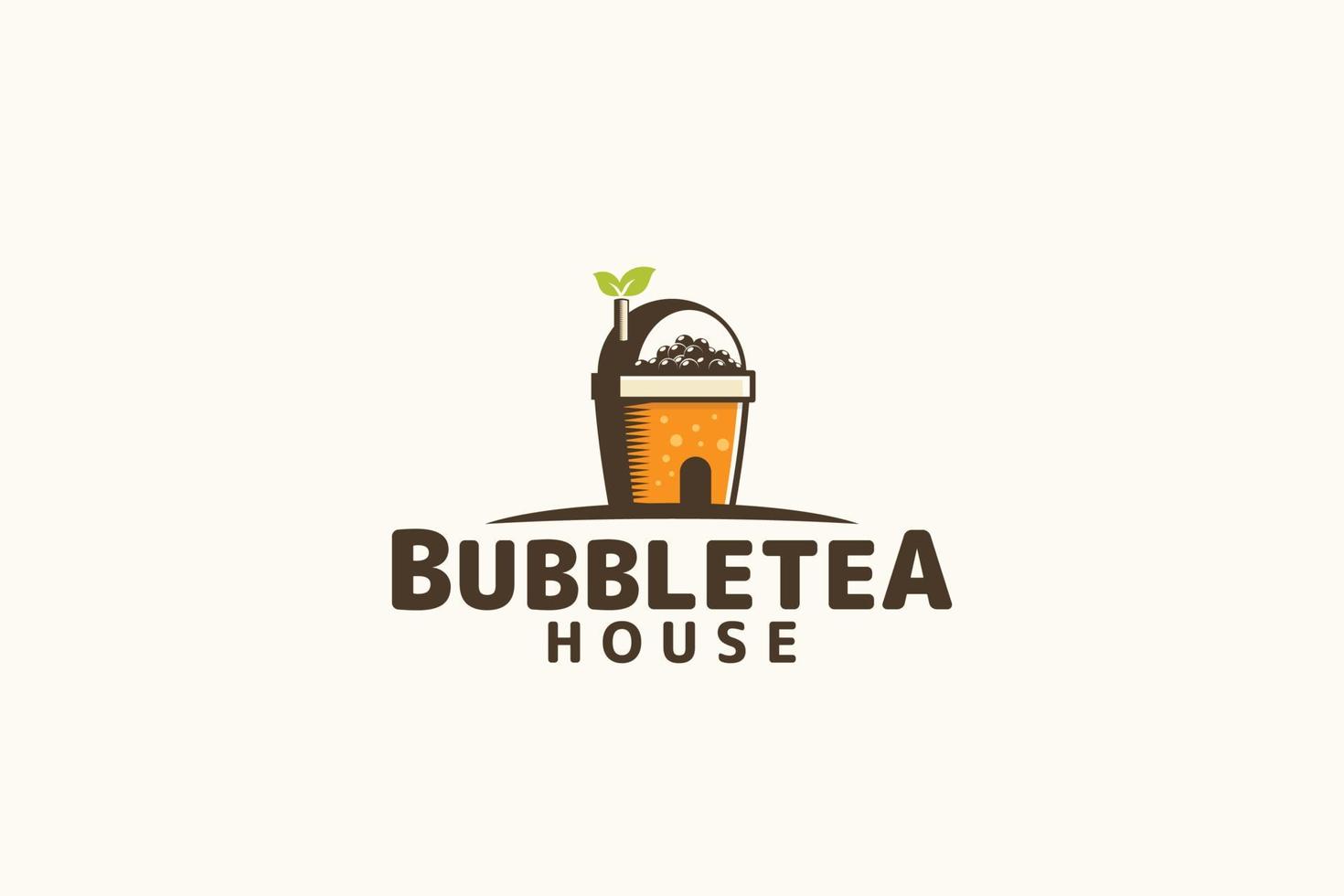 logotipo de la casa de té de burbujas con una combinación de casa, té de burbujas, taza y hoja. vector