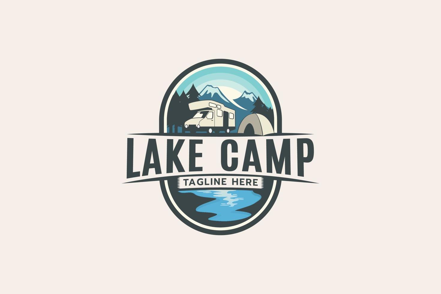 lake camp logo with a combination of natural scenery, water, RV and tent. vector