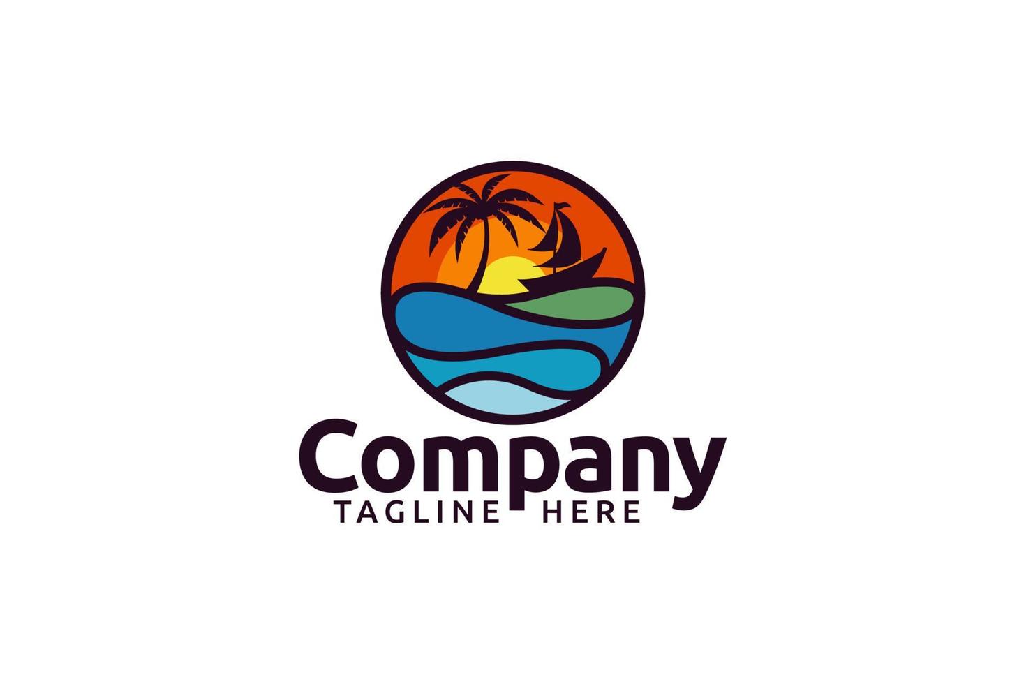 simple and clean beach logo with a beautiful beach view, there are sunsets, coconut trees and boats, in a circle. vector