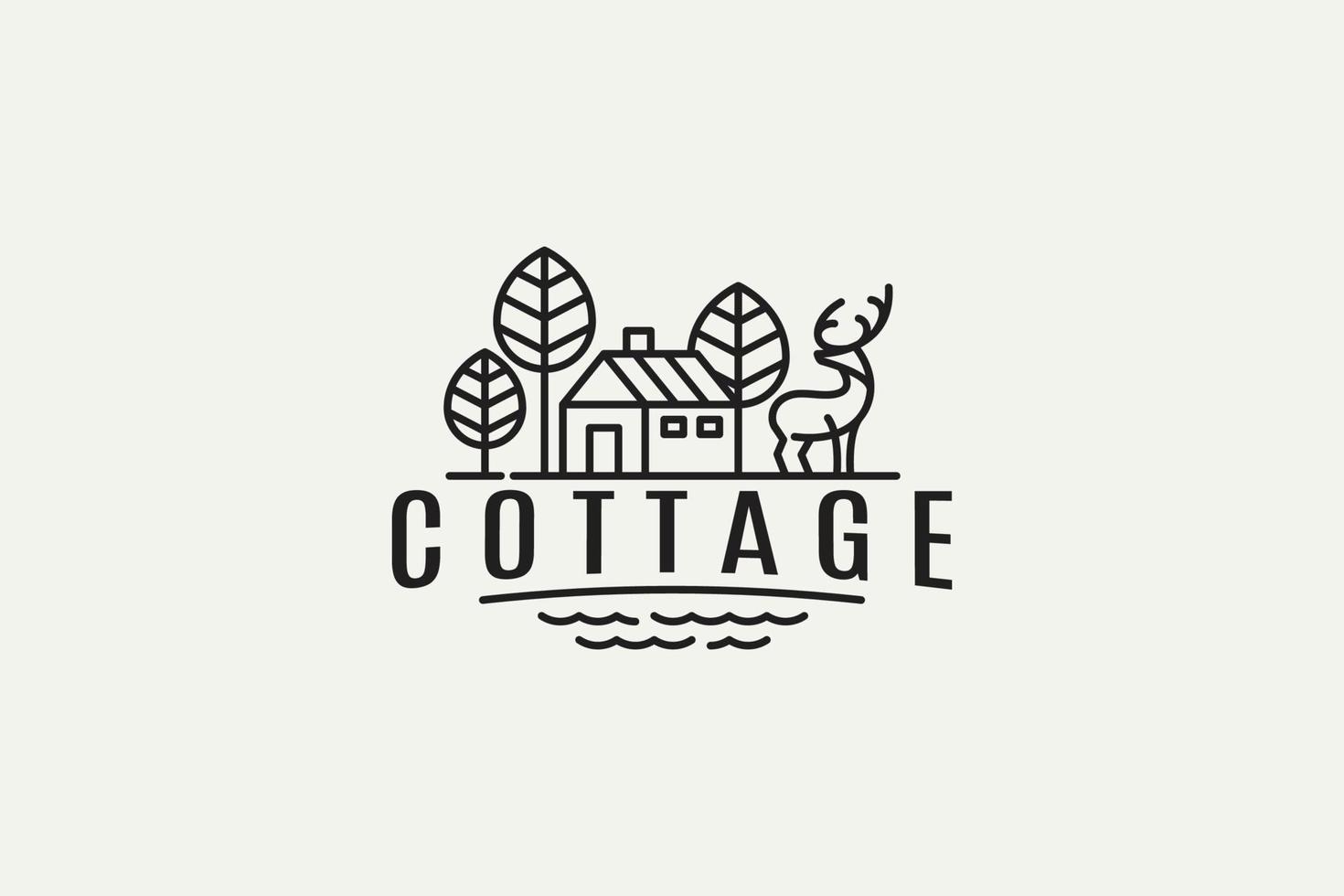 cottage logo with a combination of a cottage, trees and a deer in outline style. vector