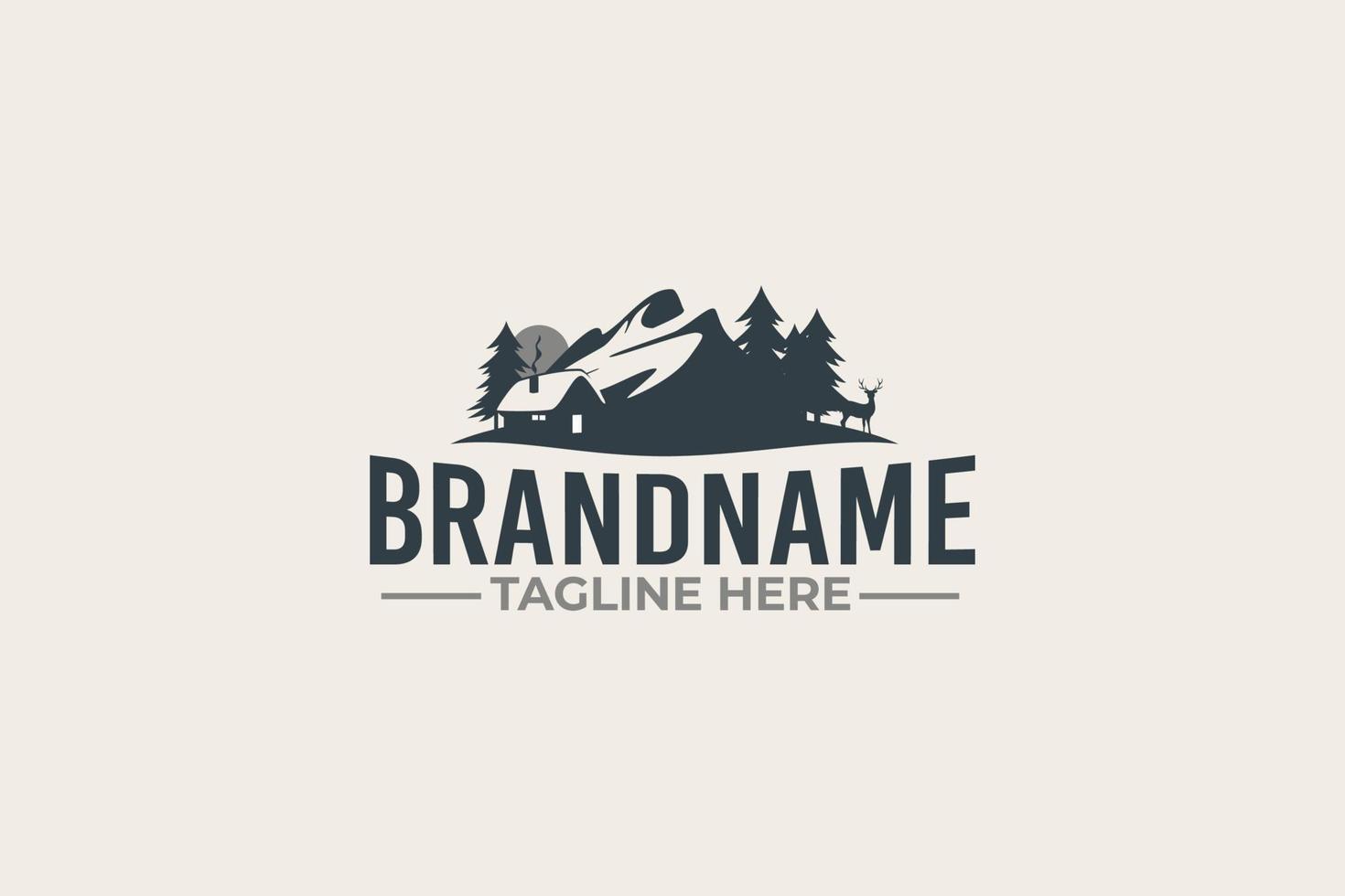 cabin logo with pines, deer and mountain for any business especially for outdoor activity, hunting, travel and holiday, etc. vector