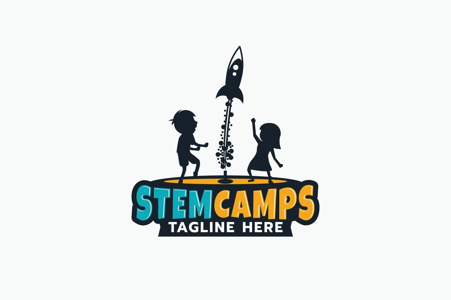 logotipo de campamentos de tallo con niños divirtiéndose con el experimento de cohetes de agua. vector