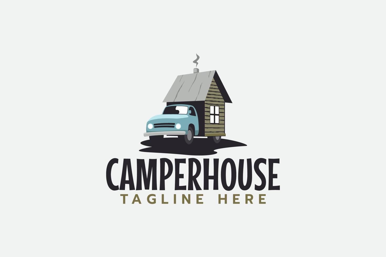 camper house logo with a truck and a tiny house in the back. vector