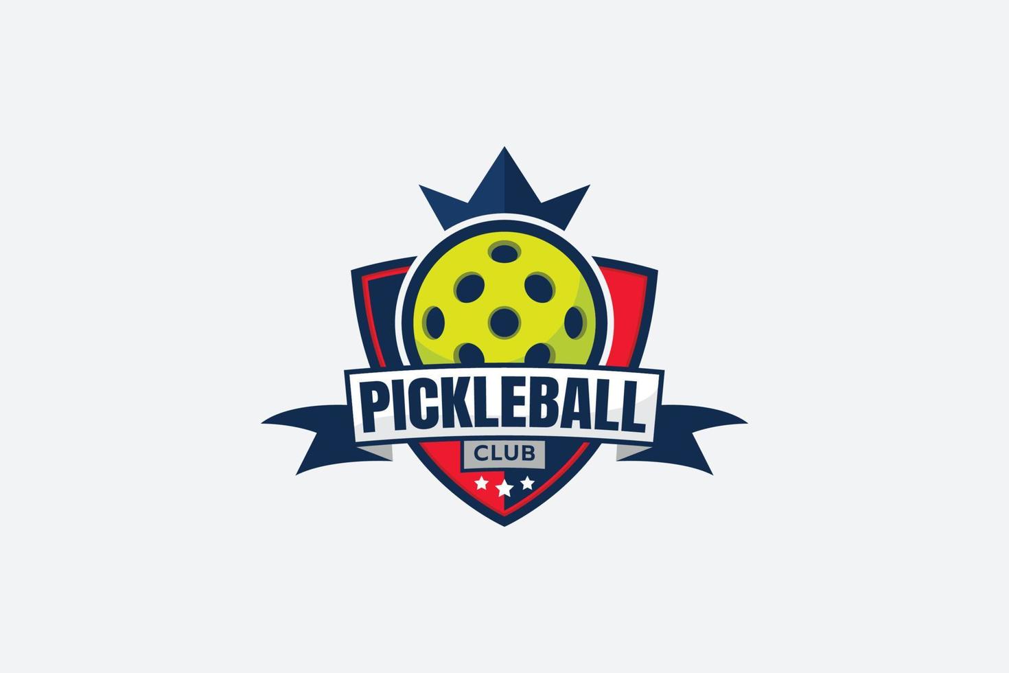 logo del club pickleball con una pelota, corona, escudo, estrellas y cinta. vector