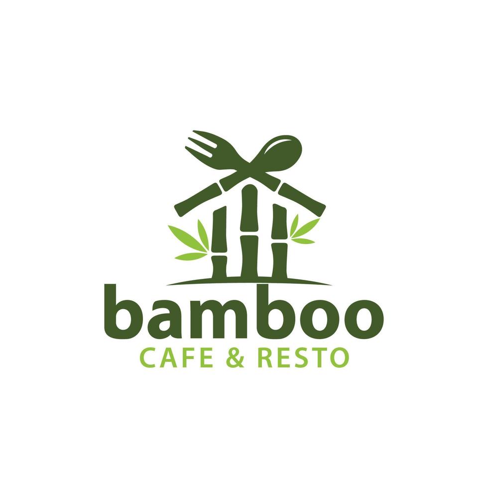 logotipo de bambú simple con cuchara, tenedor y casa para negocios de alimentos y bebidas, cafetería, restaurante, etc. vector