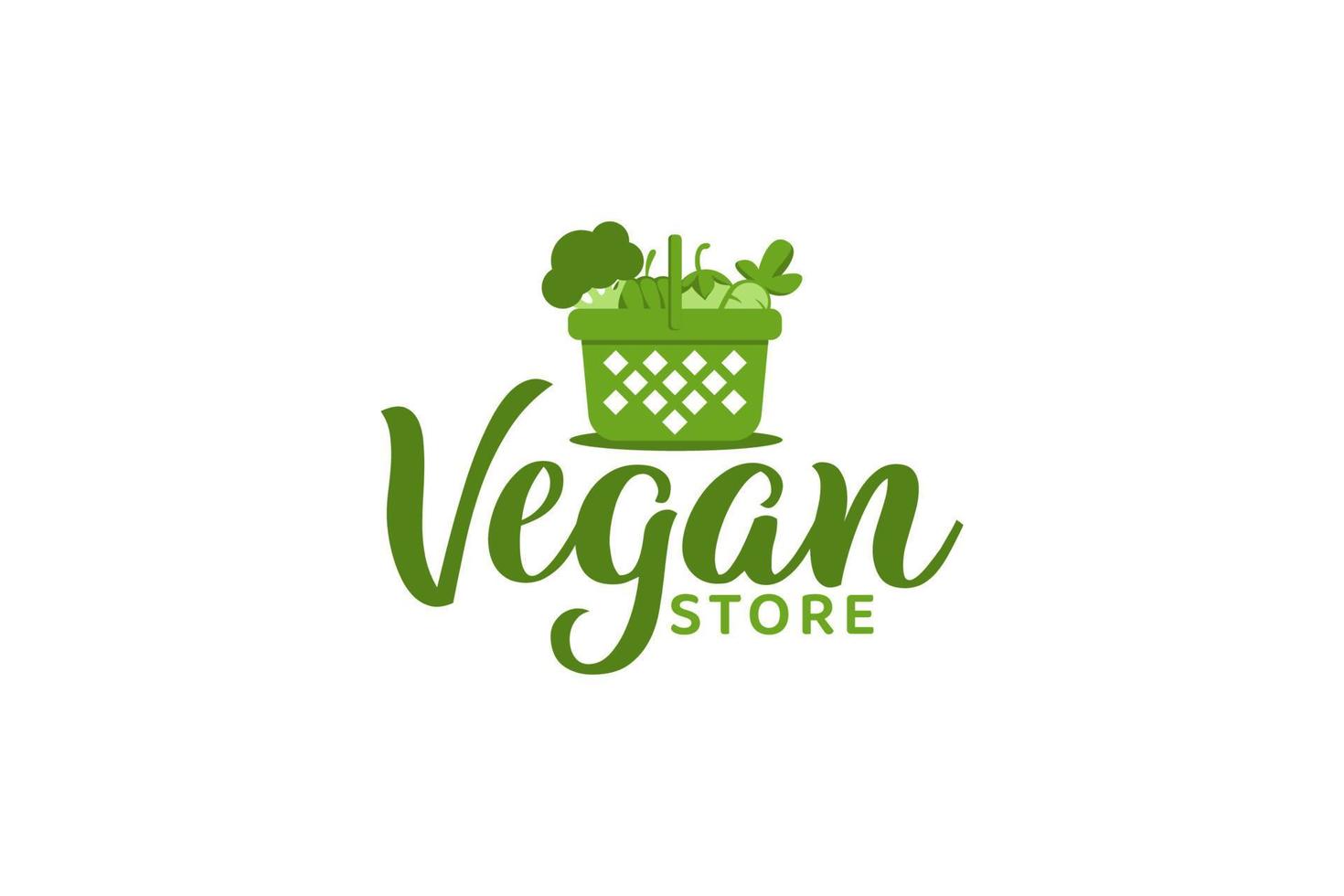 logotipo de la tienda vegana con una cesta y verduras para cualquier negocio, especialmente para minoristas, tiendas orgánicas, mayoristas, tiendas veganas, comestibles, tiendas orgánicas, etc. vector