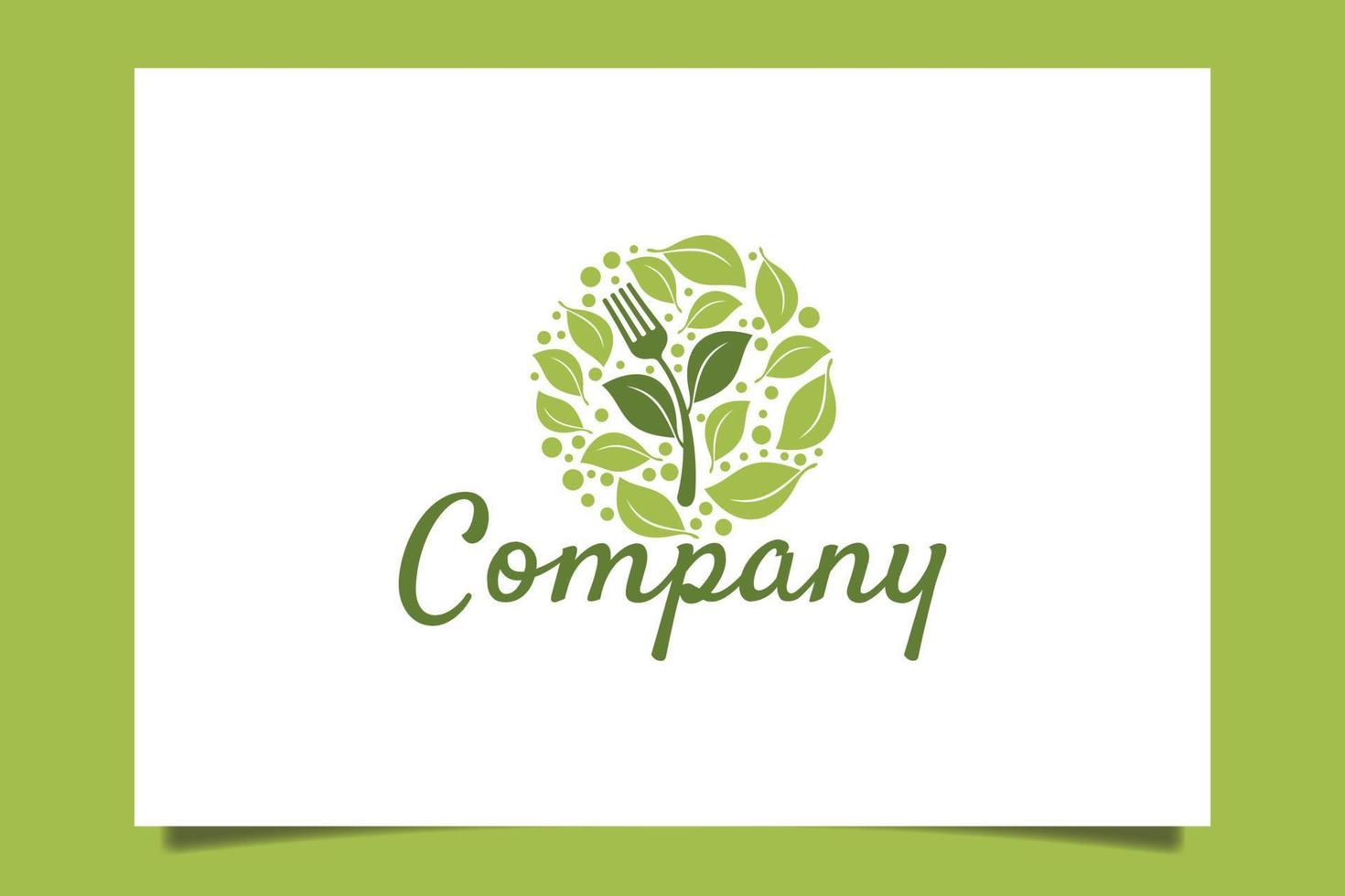 Fresh food logo with a fork like a plant in a fresh green leaves circle vector