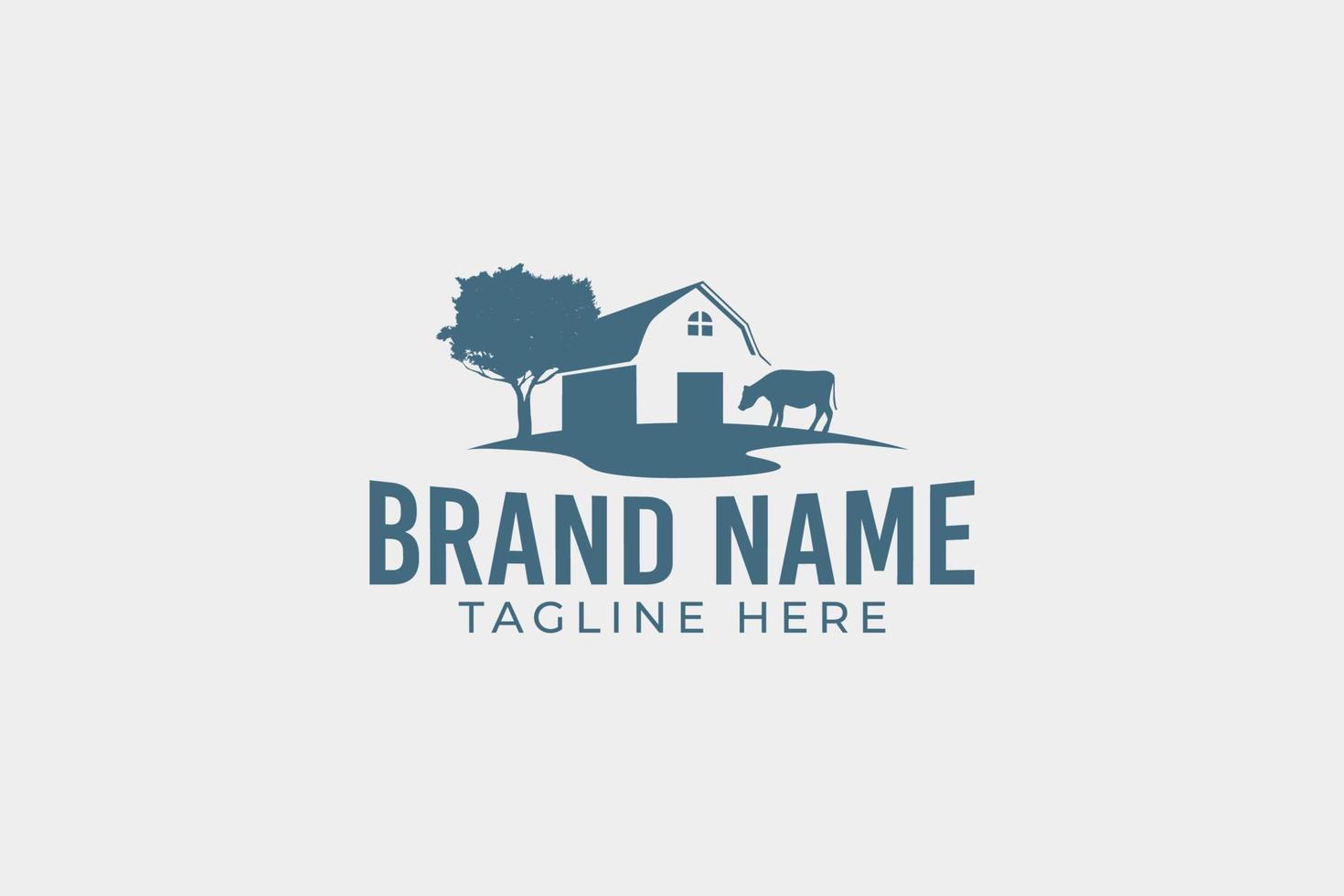 a simple farming logo with barn and cow images in a wide field vector