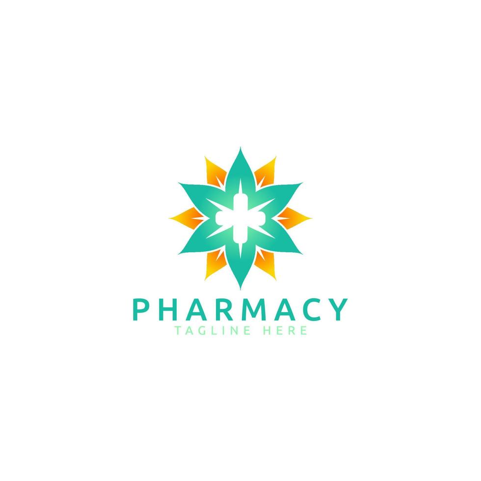 pharmacy logo with cross and leaves image for any business especially for pharmacy, medicine, healthcare and medical. vector