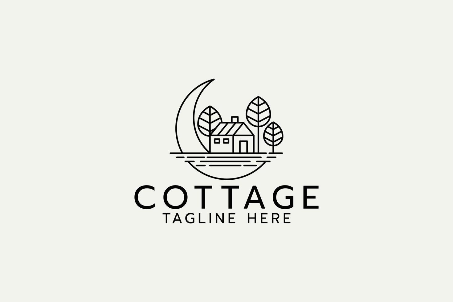 cottage logo with a combination of a cottage, moon, and trees in outline style. vector