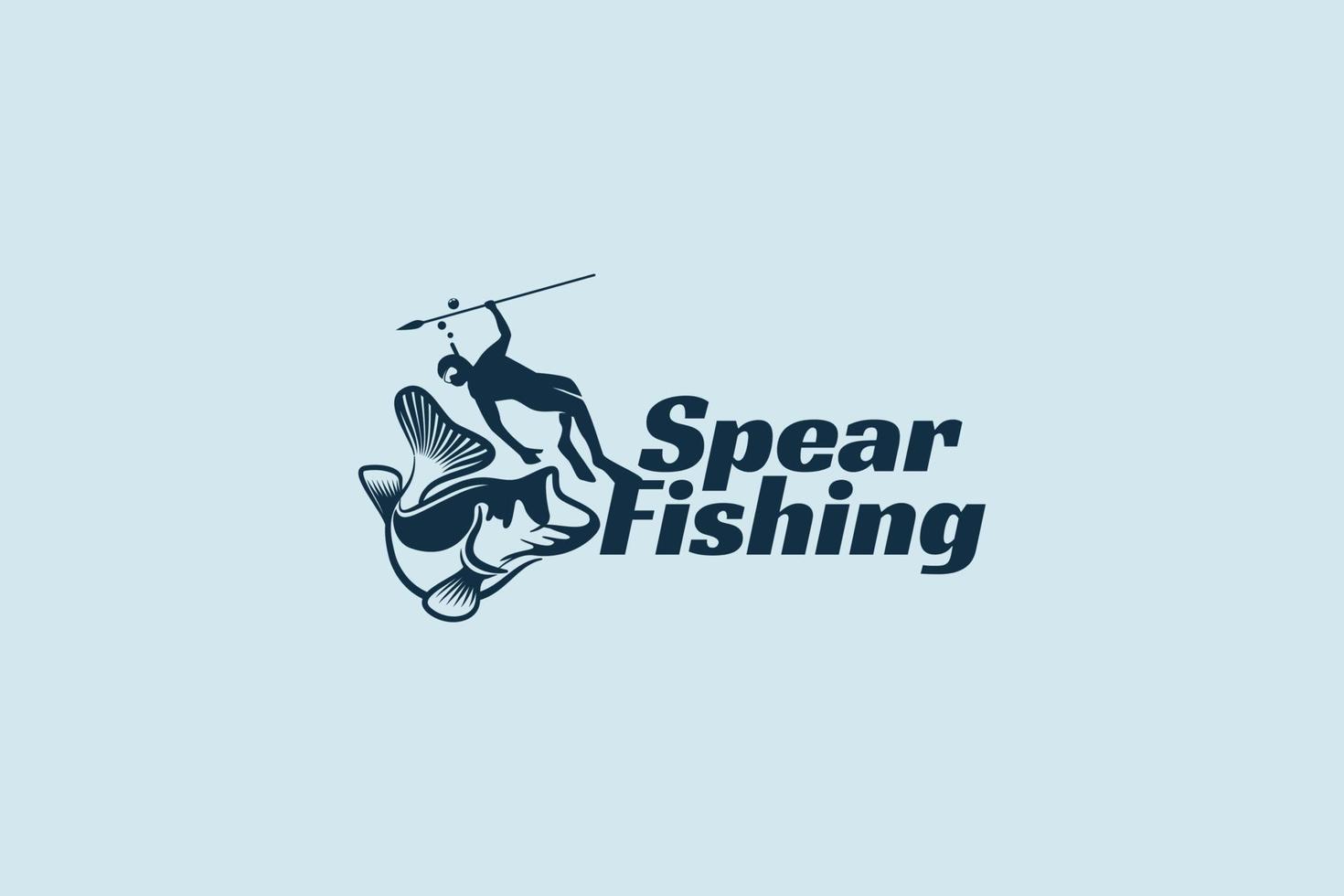 logo de pesca submarina con un hombre buceando y cazando peces grandes en el agua usando una lanza vector