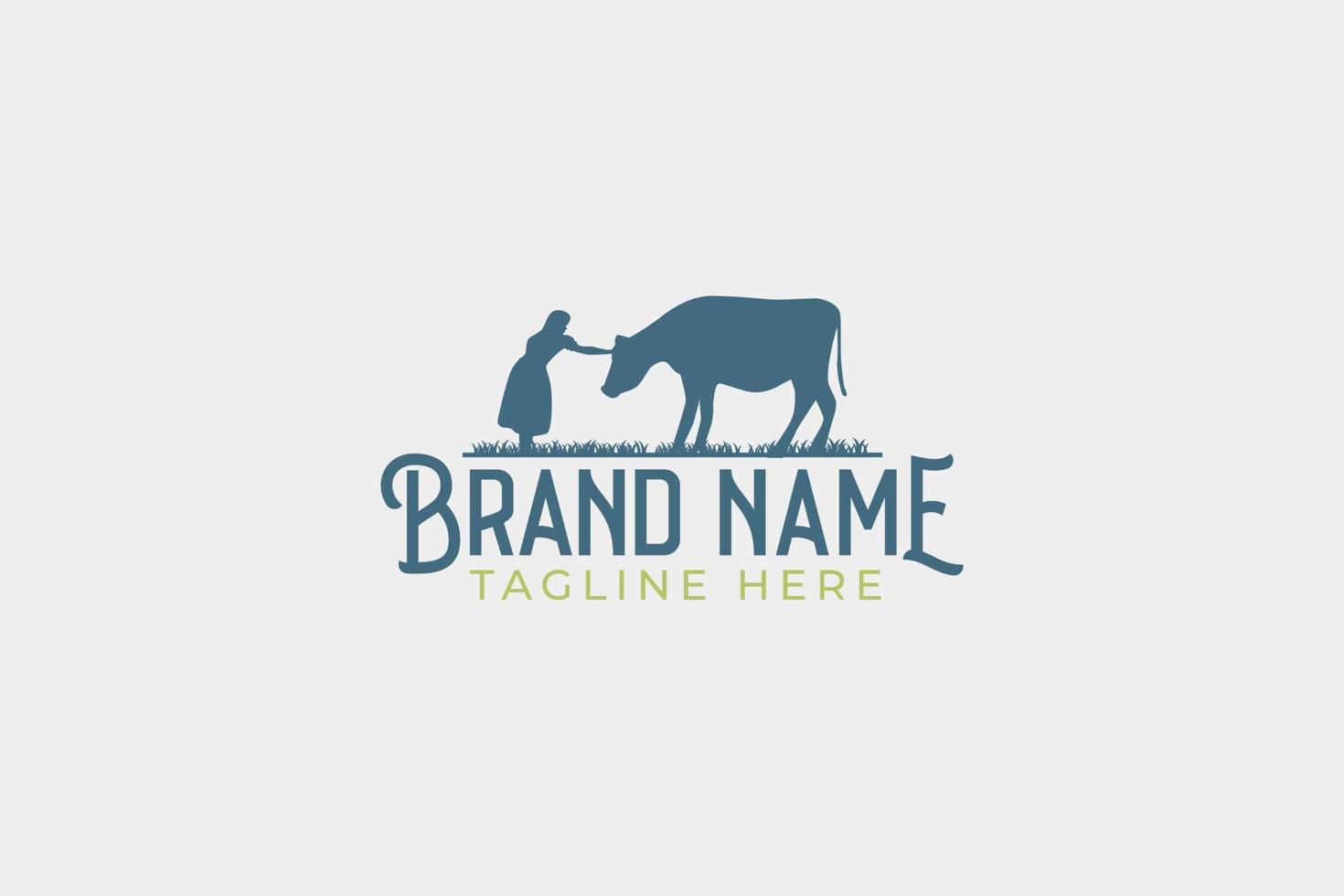 a simple farm logo with an image of a girl taking care of her cow. vector